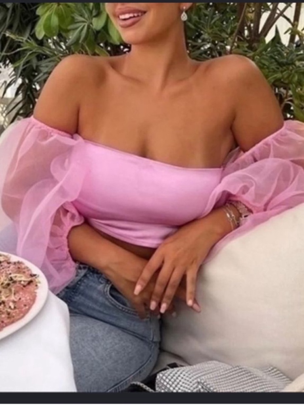 Zara Pink Sheer Puff Sleeve Crop Top Satin Off Shoulder Party Blouse M